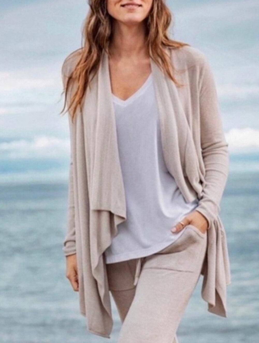 Barefoot Dreams Cozychic Ultra Lite Knit Waterfall Open Front Cream Cardigan S/M